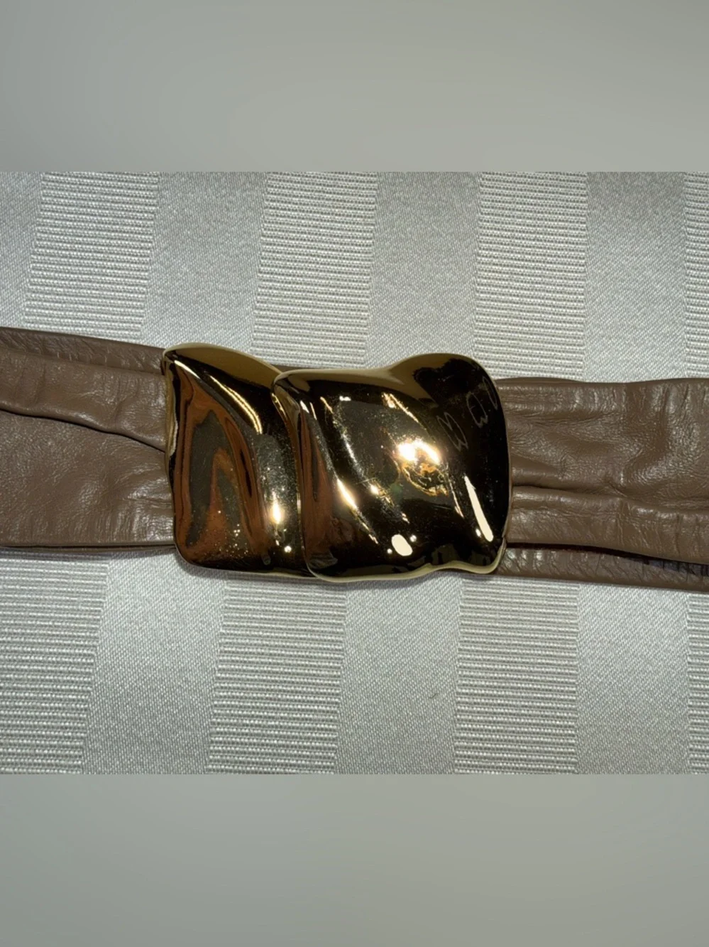 Vintage 80’s Belt Taupe Soft Leather Sculptural Gold Tone Clasp Buckle